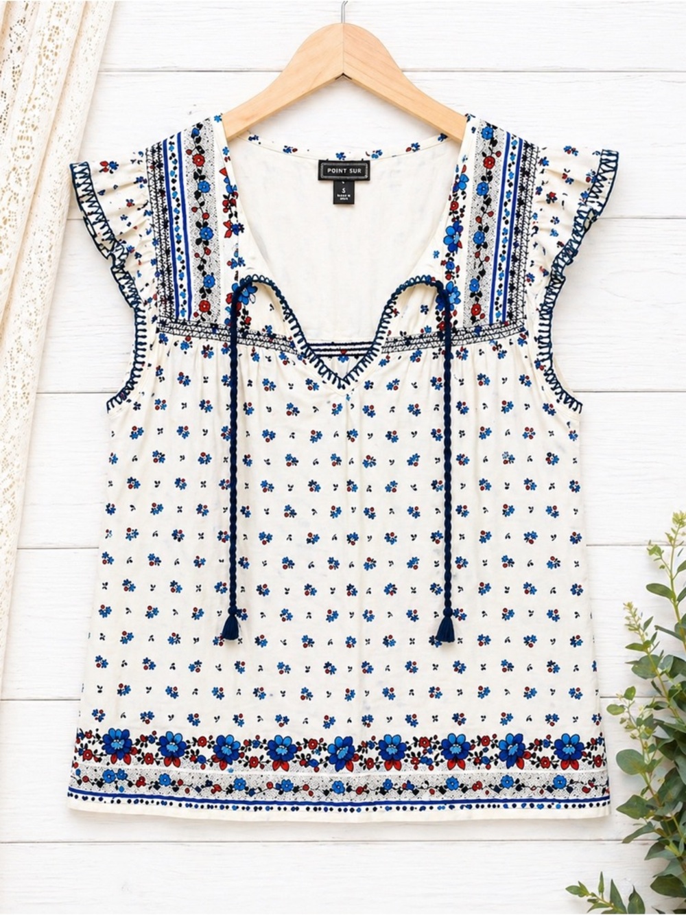 Point Sur White Floral Embroidered Boho Tie-Detail Sleeveless Blouse (231)